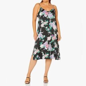 The Drop Women's 3X Ana Silky V Neck Midi Slip Dress Black Floral Stretch NEW